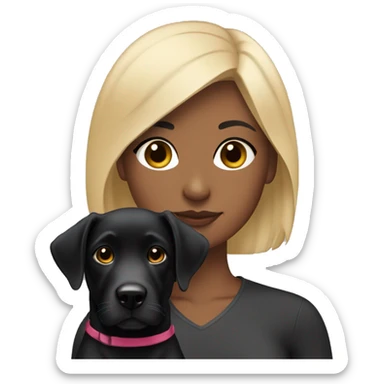 girl with short black hair with blonde streaks in the front laying with a black lab sticker