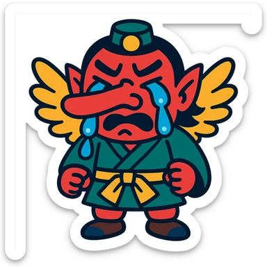vibrant toon style tengu with big tears, cartoonish sticker