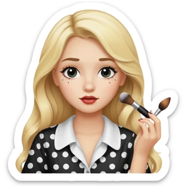 niña rubia con pelo largo y blusa blanca con lunares y maquillandose sticker