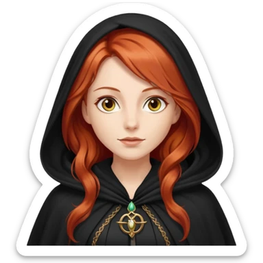a beautiful woman with long red hair reaching her waist, hazel eyes, and wearing a black cloak sticker