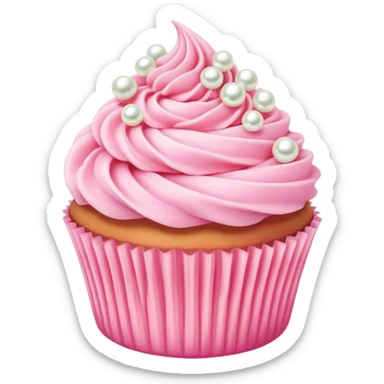 Cinematic Realistic Pink Cupcakes, fluffy pastel pink frosting swirled elegantly on top of golden cupcakes, tiny edible pearls adding a delicate touch, soft warm lighting creating a dreamy atmosphere, glowing with sweetness and charm. sticker