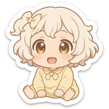 Atla from The Rising of the Shield Hero as a cute baby, chibi style, big eyes, soft colors, adorable expression, emoji sticker format sticker