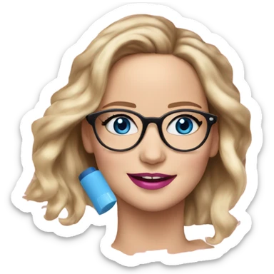 Happy Jennifer Lawrence,  blue eyes wearing glasses and pink lipstick  sticker