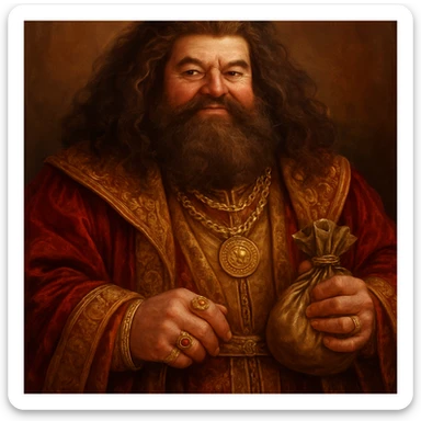 Hagrid from Harry Potter depicted as wealthy, wearing luxurious robes, gold jewelry, and holding a money bag, detailed, rich colors, fantasy style sticker