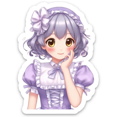 Gorgeous anime style girl blushing face maid outfit Lolita idol model colorful shiny sparkle kawaii pastelcore cottagecore pearly petite simplistic aesthetic trending style sticker
