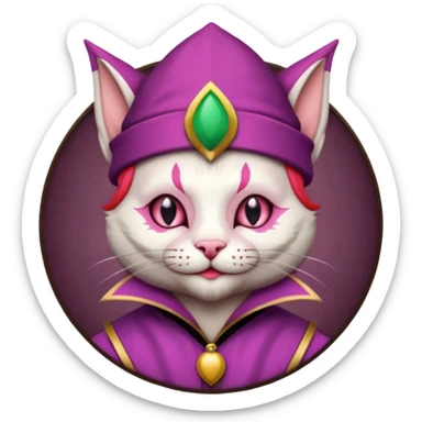 court jester cat medieval, single poker card joker clearly visible, pink, face only, round badge,  court jester cap sticker