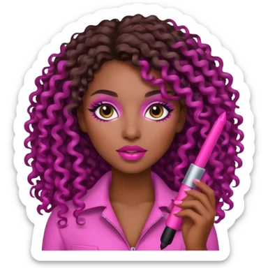 simple and expressive emoji of a woman with dark brown skin, long curly hair, brown eyes, pink makeup sticker