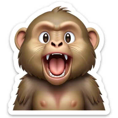Cinematic Cute Yawning Baboon Portrait Emoji, Head tilted slightly with a dramatic, wide-open yawn, showcasing a soft, textured Fur of earthy browns with droopy ears, round eyes barely open in drowsy contentment, Simplified yet irresistibly adorable features, highly detailed, glowing with a soft, cozy glow, high shine, relaxed yet expressive, stylized with a touch of playful urban charm, bright and endearing, soft glowing outline, capturing the essence of a sleepy yet affectionate baboon, so drowsy it feels like it could stretch out of the screen and curl up for a nap! sticker