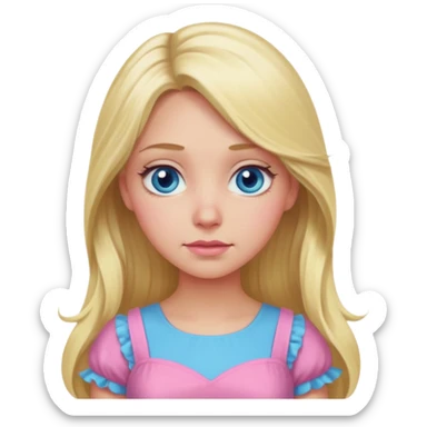 Create an image of a blonde with long hair and blue swamp eyes wearing a pink pastel dress, thoughtful expression. The style should match the apple emoji style as shown in the reference image. sticker