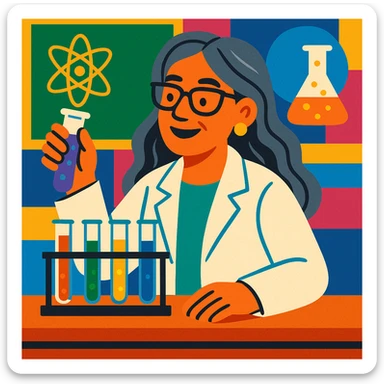 woman science teacher with long graying hair, at a lab table with test tubes, in vibrant toon style sticker