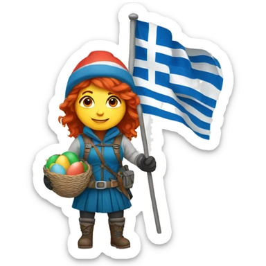 female winter mountaineer red hair holding greek flag and easter egg sticker