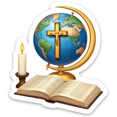 An icon featuring a holy book, a candle, and a cross, symbolizing religious studies. The design includes a globe with various religious symbols like a crescent moon and a star, representing the diversity of beliefs. Transparent background highlights the exploration of world religions sticker
