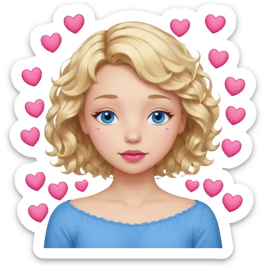 Girl Blonde short wavy hair,  blue eyes, cute blue top, long lashes, pink lips, sleeping eyes closed, hearts floating  sticker