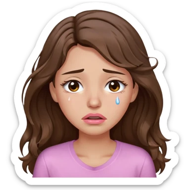 girl with wavy long brown hair, brown eyes, light to medium complexion, long lashes, light pink lipstick, wearing light pink shirt, weeping lots of big tears sticker