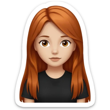 Medium copper long hair  girl  with dark brown eyes wearing a black tee sticker