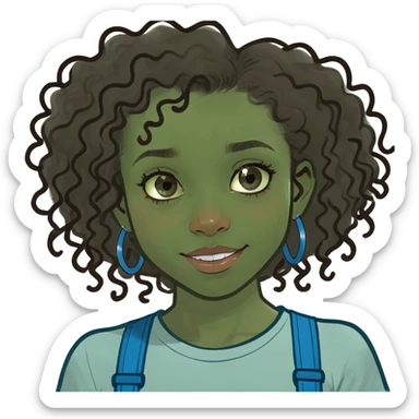 Black girl with dark brown curly hair with light brown highlights and blue braces and blue eyes sticker