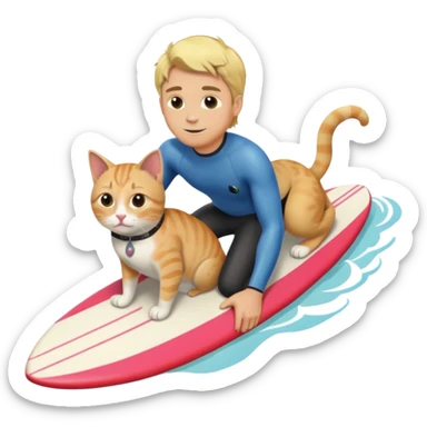 Blonde hair guy with a cat on his shoulder, riding a surfboard sticker