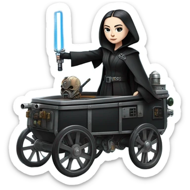 Wednesday Addams Jedi bounty hunter driving a modern blue and pewter steampunk electric wagon sticker