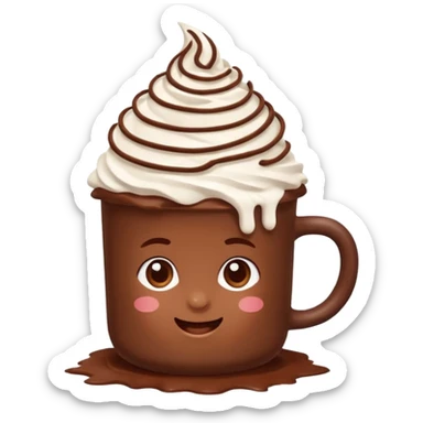 “hot chocolate emoji, whipped cream on top, chocolate shavings, cute, minimal, white background” sticker