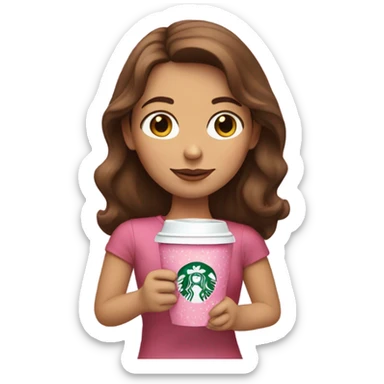 Brown hair white Spanish girl holding a pink Starbucks cup sticker
