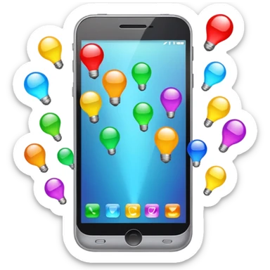 Generate a realistic emoji of a smartphone where a lot of things like data, ideas, inventions and creative stuff coming out of it. Whats coming  out of it spreads in the air  sticker