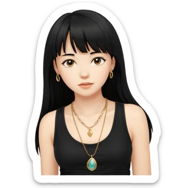alrighht here’s just the person described for your emoji ai prompt:

> young woman, long black hair with bangs, soft expression, wearing a black tank top and gold necklace, confident pose, natural beauty, warm lighting on face, slightly tousled hair



lmk if u want it more detailed or stylized 🔥
 sticker