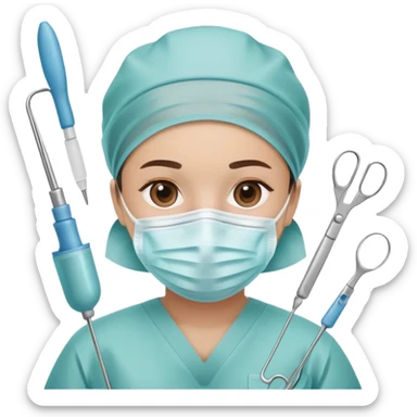 Surgeon in operating room with surgical mask and tools sticker