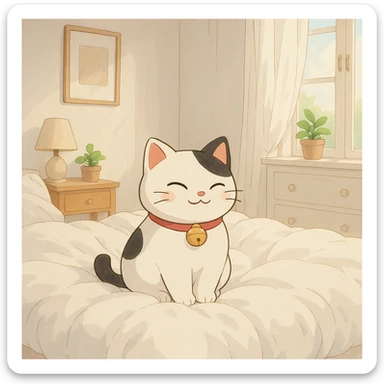 White and black Chinese lucky cat in a cozy on a soft puffy white duvet covered bed in bright white and clean girl aesthetic bedroom, kawaii  sticker