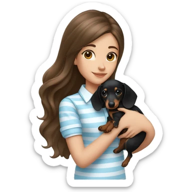brunette girl with long hair, a light blue and white shirt with thin vertical stripes, holding a black dachshund puppy in her arms sticker