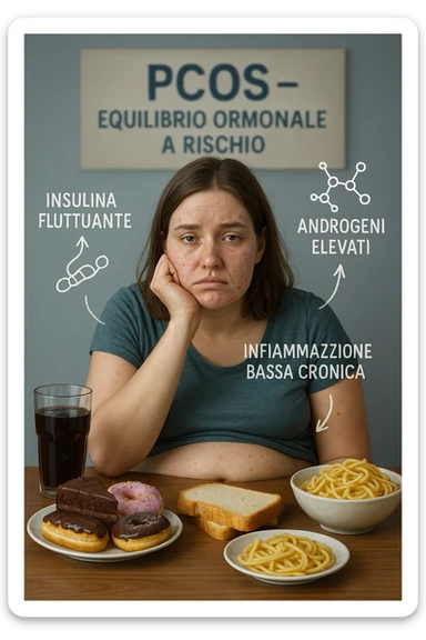 Donna tra i 25 e i 35 anni, seduta a tavola con un’espressione stanca e gonfia. Sul tavolo ci sono alimenti sbagliati per la sua condizione: dolci raffinati, pane bianco, pasta, bibite zuccherate. Intorno al suo corpo si vedono elementi simbolici che rappresentano gli effetti della PCOS peggiorata: insulina fluttuante, androgeni elevati, infiammazione bassa cronica. La sua pelle appare acneica, gonfiore addominale visibile, sguardo affaticato. Sullo sfondo, un cartello sfocato con scritto 'PCOS – equilibrio ormonale a rischio'. Stile realistico con elementi simbolici, toni freddi ma chiari in italiano sticker
