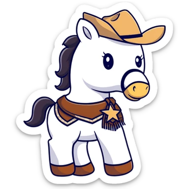 A cartoon stuffed pony with a sheriff star on its saddle blanket sticker