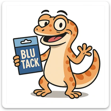 a gecko holding a pack of blu tack, cartoon style, playful sticker