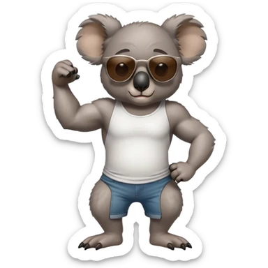 anthropomorphised koala, full body, casual clothing, dark sunglasses, flexing muscles sticker
