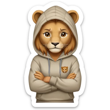 determined anthropomorphised female lion in a hoodie and jeans with arms folded, confident stance sticker