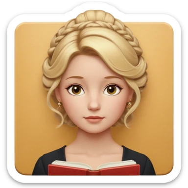Cinematic Realistic Journal Portrait, depicted with lifelike skin texture, subtle rosy undertones, and soft natural lighting that enhances the gentle contours of her face. Her intricately detailed golden blonde hair is elegantly styled in an updo, sticker