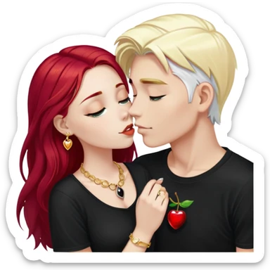 couple kissing, girl with long cherry red hair, blonde eyebrows, gold jewelry, boy with SHORT PURE WHITE hair like snow, dark t-shirt, silver ring with black stone sticker