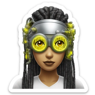 Neon yellow bobbed hair Latina female cyborg head with silver steampunk goggles and circuits sticker