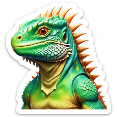 Cinematic Noble Iguana Portrait Emoji, Poised and majestic, with a robust, muscular build and a vibrant, scaly body accented by a prominent spiky crest and keen, observant eyes, Simplified yet sharp and sophisticated features, highly detailed, glowing with a soft, jungle radiance, high shine, intelligent and formidable, stylized with an air of ancient reptilian authority, focused and commanding, soft glowing outline, capturing the essence of a watchful guardian that appears ready to stride out of the screen with effortless might! sticker