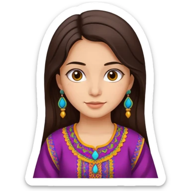 girl with dark brown hair, Afghan dress, vibrant colors, friendly face emoji sticker