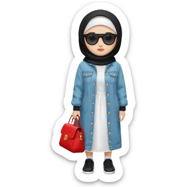 female memoji character, iPhone style, wearing black hijab, white long dress, oversized light blue denim jacket, white socks, black shoes with red detail, black shoulder bag, sunglasses on head, cute expression, no background, transparent PNG sticker