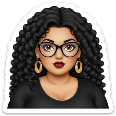 big plus size, latina, darker tan skin, long black curly hair, baddie,pretty, makeup, lipgloss, black eyeliner, long hair, stud gold earrings, black top, black glasses sticker