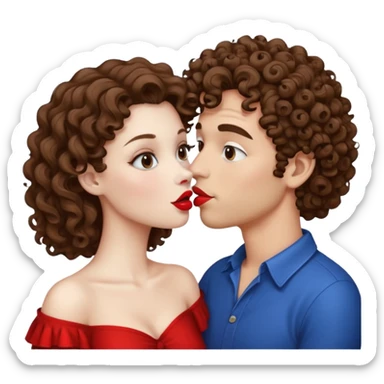 A couple kissing, the man would be white-skinned, curly, brown-hair. The serious woman with white skin, brown color sticker