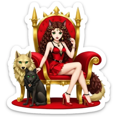 Lilith green eyes, symbol seductress evil brown curly long hair haired, sexy succubus woman with red and black Chanel dress on. A red and black stiletto platform high heel shoes on. sitting on a Black and gold throne. A large black fur wolf sitting beside her. Red rubies surround them both sticker