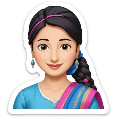 generate a pretty bratz emoji that looks like Kareena Kapoor's Geet character. 
Make her wear a white shirt with a colorful blue-pink dupatta wrapped around her neck. smiling big. Black hair tied into a side part ponytail

She should look exactly  like Kareena Kapoor sticker