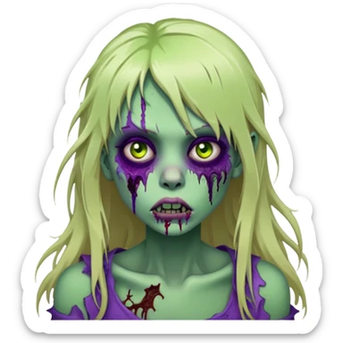 undead zombie girl with rotting green skin, purple bruises, messy long blonde hair with bangs, cracked lips sticker