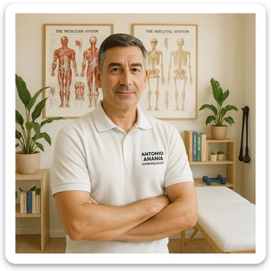 Create a photo-realistic illustration of a middle-aged male kinesiologist named Antonio Anania in his private studio. He has a calm, confident expression and wears a fitted polo shirt or lab coat. The studio is bright and minimalistic, with wooden elements, anatomical posters, and natural plants. Books on kinesiology, anatomy, and natural health are neatly displayed. A massage table and exercise equipment are in the background. The style should be clean with natural light, professional but warm atmosphere. The face and features should closely resemble the person in the reference image. sticker