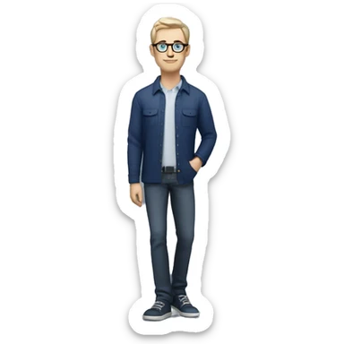 caucasian white man with dark hair, blue glasses, and carrying design plan because he is an architect and a pencil and a set model maquette. wearing a navy blue long sleeve shirt. smart.  sticker
