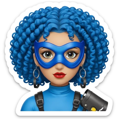 blue curly haired paintball playergirl with huge earrings, wearing paintball mask sticker