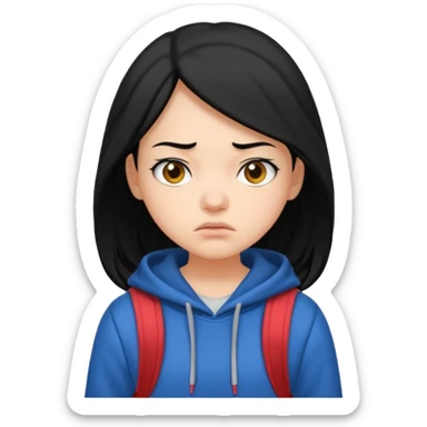 college student with annoyed face , black hair , with hoodie and backpack , girl sticker