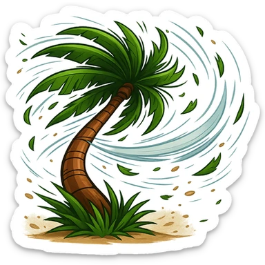 Make the palm tree in heavy wind even more dramatic: exaggerate the bend of the trunk, make the leaves whip violently, add flying debris and motion lines, keep the background transparent. Style: dramatic palm tree in heavy wind with dynamic motion effects. sticker